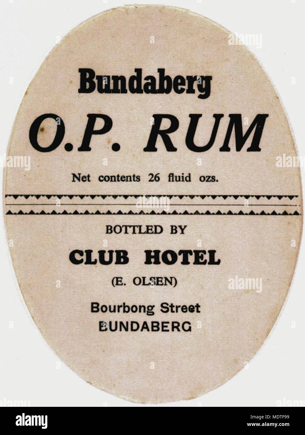 O P Bundaberg Rum label. Banque D'Images