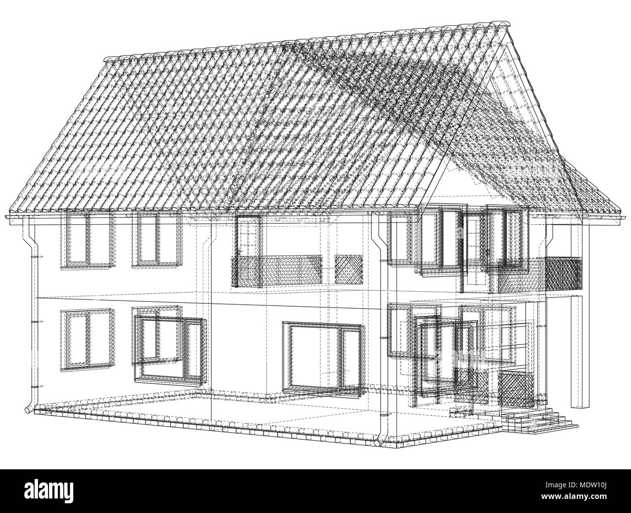 Croquis de la Vector cottage avec un toit. Illustration créée de 3d. Illustration de Vecteur