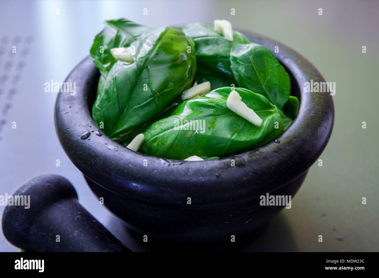 Feuilles de basilic vert sur un mortier noir pour faire le pesto Banque D'Images