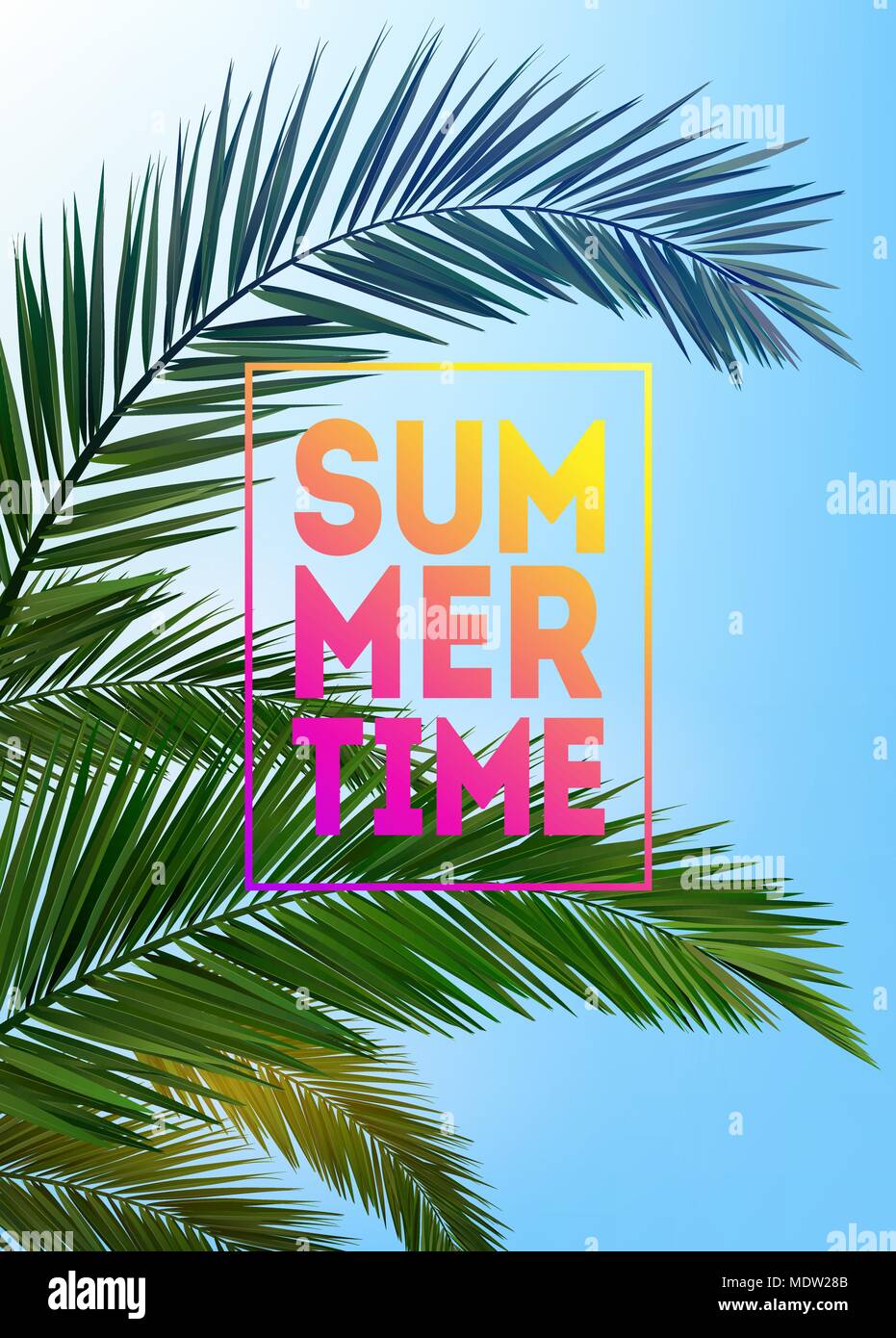 Arrière-plan de palmiers tropicaux d'été, le ciel et le coucher du soleil. Plaque d'été affiche flyer carte d'invitation. Summertime Illustration de Vecteur