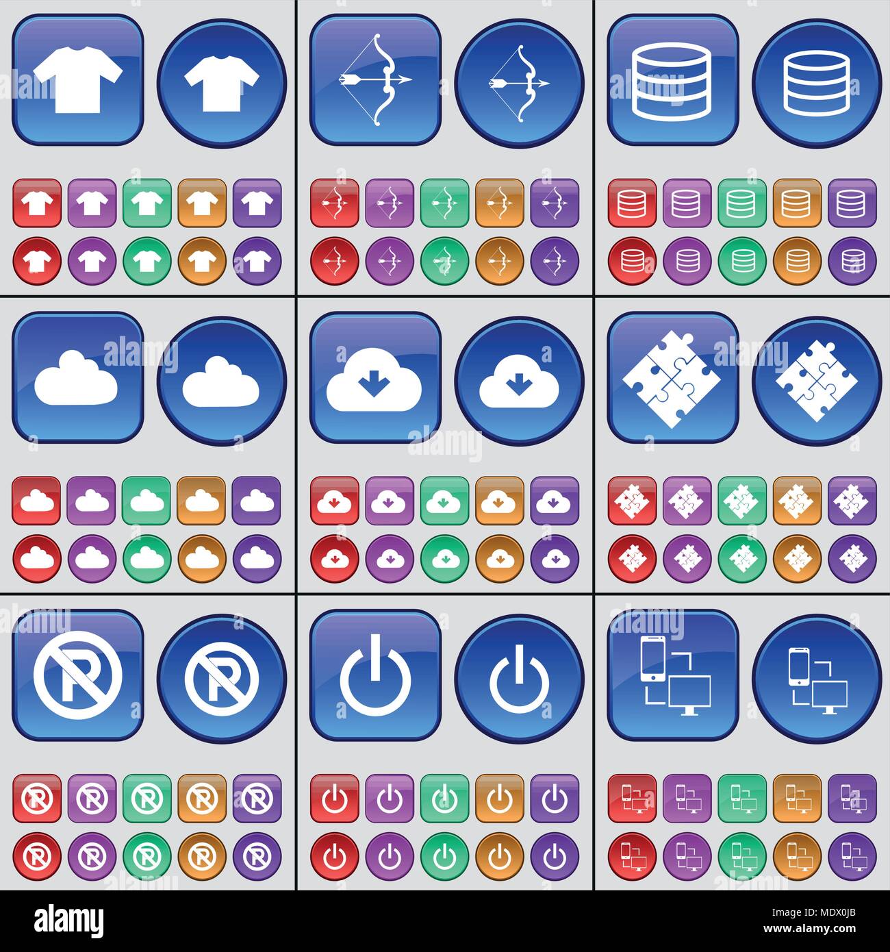 T-Shirt, Bow, base de données, Cloud, Puzzle, pas de parking, de l'alimentation, la connexion. Un grand ensemble de boutons multicolores. Vector illustration Illustration de Vecteur