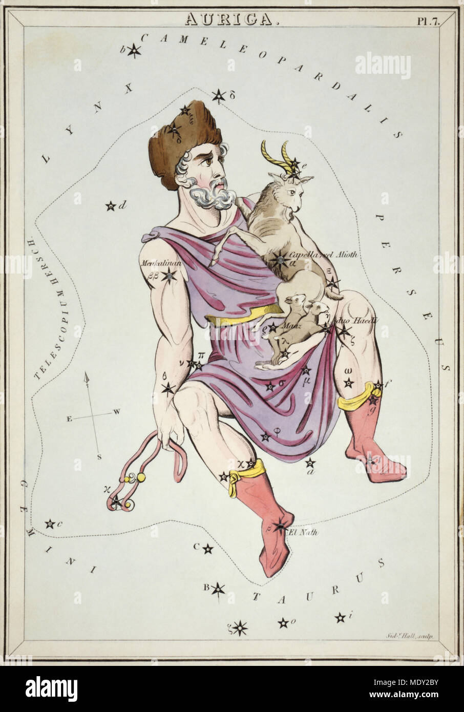 Auriga. Numéro de carte 7 de l'Urania miroir, ou d'une vue sur le ciel, l'un d'un jeu de 32 cartes carte des étoiles astronomique gravée par Sidney Hall et publshed 1824. Banque D'Images