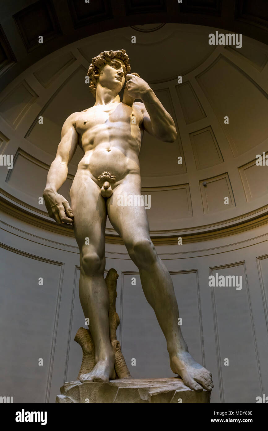 Full-length of 'Michelangelo's David' sculpture avec Dome en arrière-plan ; Florence, Toscane, Italie Banque D'Images