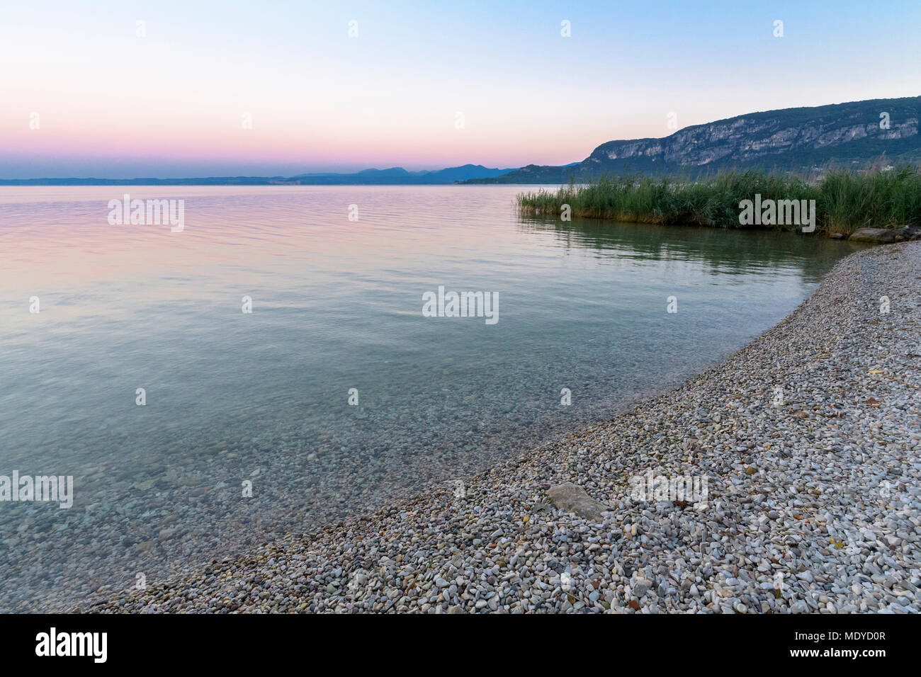 Close-up de littoral sur le lac de Garde (Lago di Garda) à l'aube à Garda en Vénétie, Italie Banque D'Images