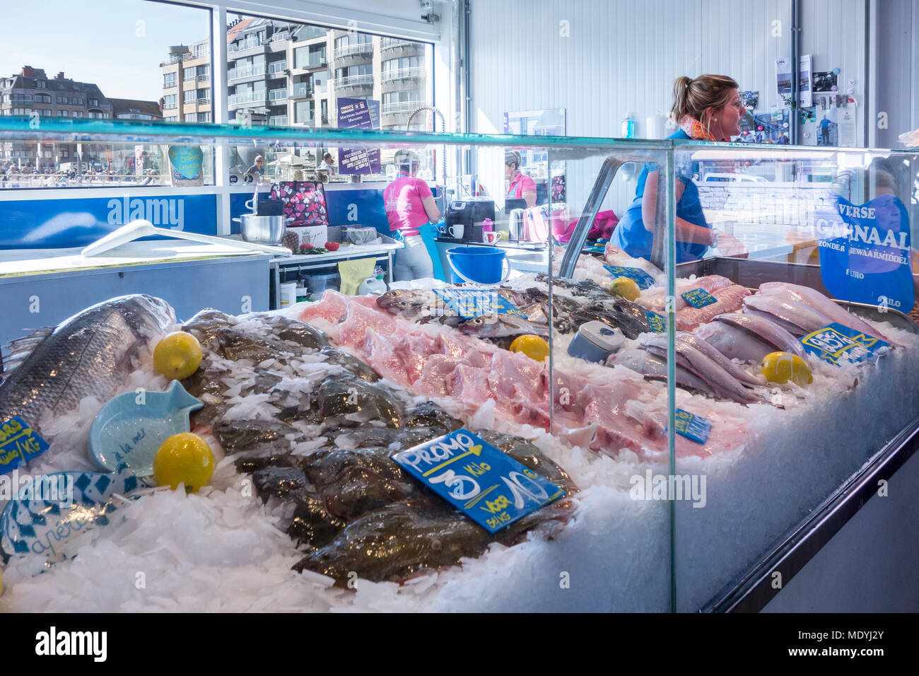 Comptoir de poisson sur l'affichage à la marché aux poissons en plein air / Vistrap sur le quai dans la ville Oostende / Ostende, Belgique Banque D'Images
