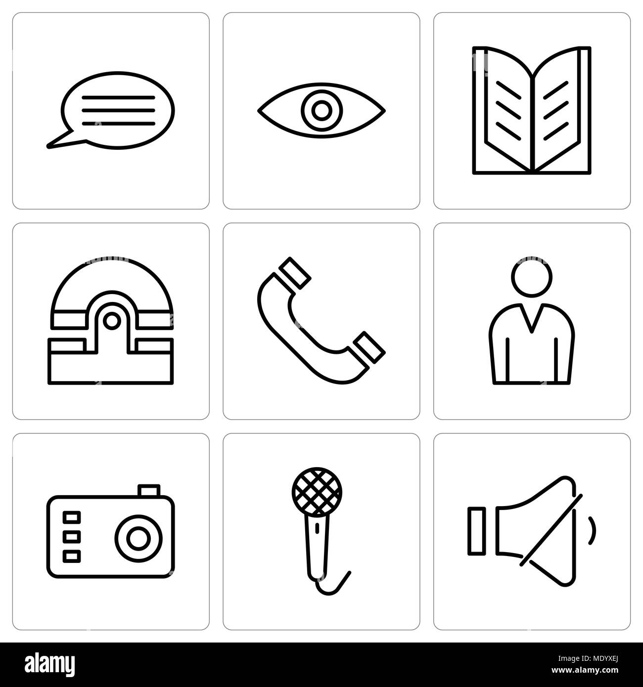 Ensemble de 9 icônes modifiable simple comme le contrôle du volume, appareil photo, enregistreur vocal, homme avatar, écouteurs, ancien téléphone, livre ouvert, l'oeil, Bulle Illustration de Vecteur