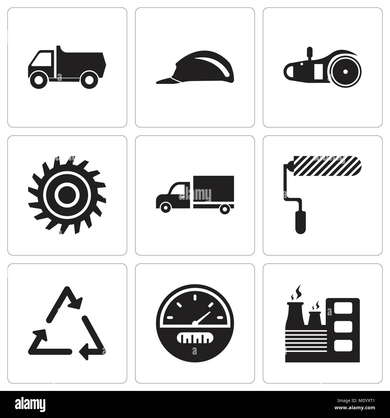Ensemble de 9 icônes modifiable simple comme l'usine, indicateur de vitesse, triangle, rouleau, camion, lame de scie, scie électrique, coupe, camion, peut être utilisé pour le mobile, Illustration de Vecteur