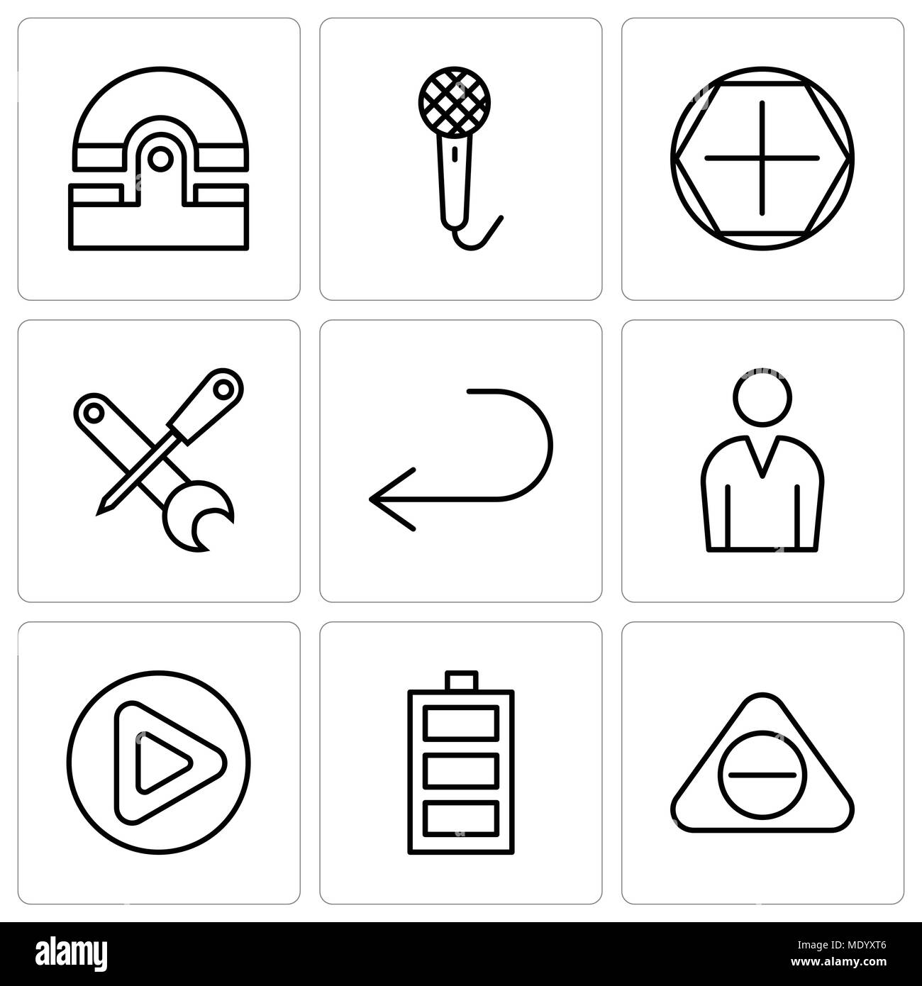 Ensemble de 9 icônes modifiable simple comme soustrayant bouton, le niveau de la batterie, bouton Play, homme avatar, flèche dirigée vers la gauche, tournevis et clé, petite annonce Illustration de Vecteur