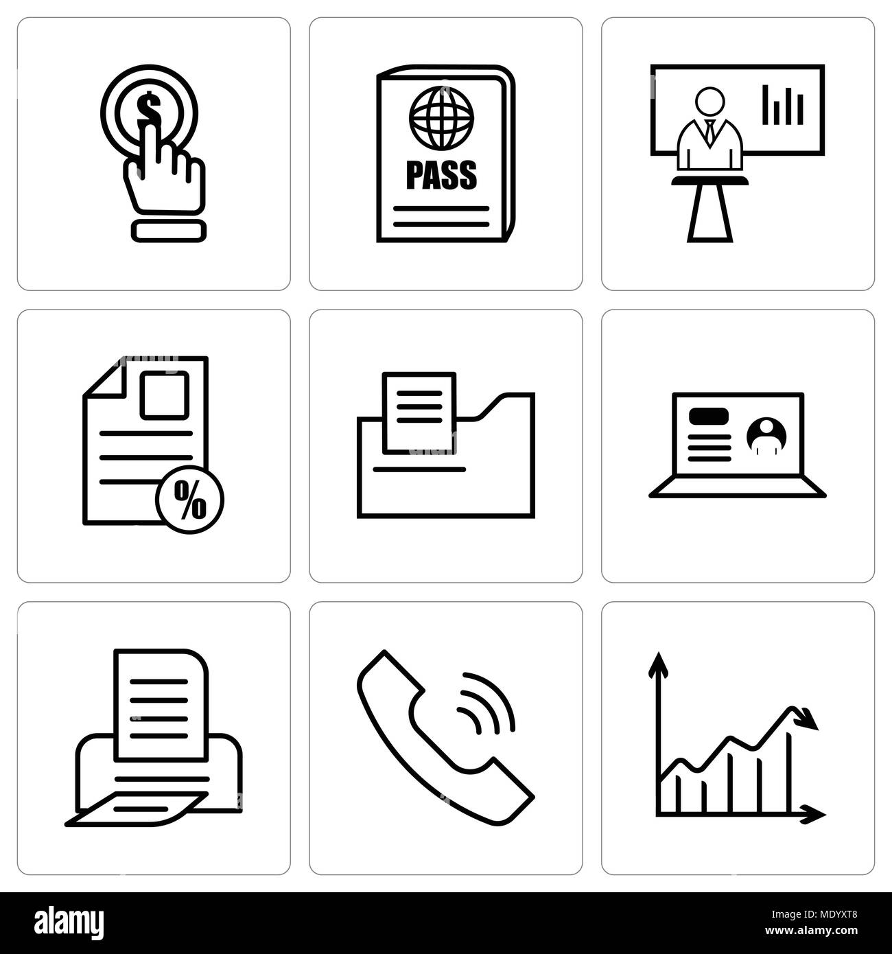 Ensemble de 9 icônes modifiable simple comme analytc Flèche, appel, print, ordinateur portable, dossier de documents, p. 100, document news presenter, passeport, cliquez sur, peut être Illustration de Vecteur Ensemble de 9 icônes modifiable simple comme analytc Flèche, appel, print, ordinateur portable, dossier de documents, p. 100, document news presenter, passeport, cliquez sur, peut être Illustration de Vecteur
