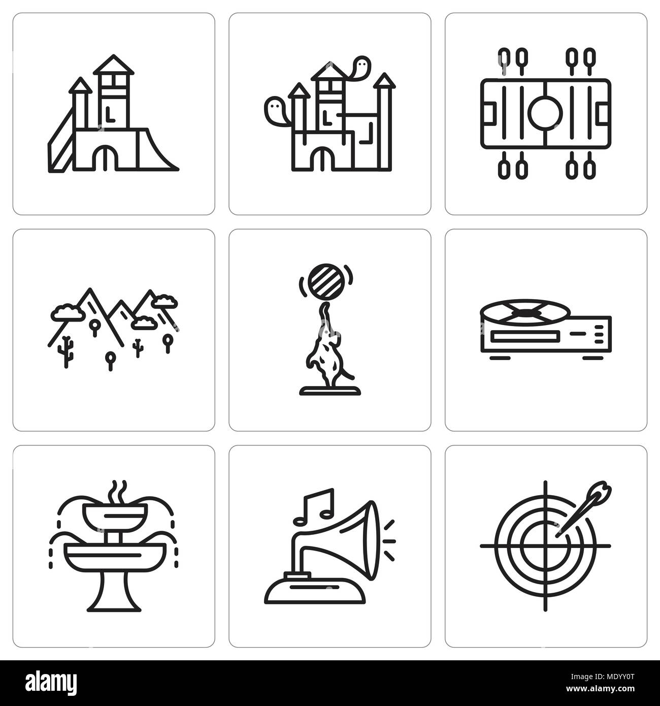 Ensemble de 9 icônes modifiable simple tels que les fléchettes, Gramphone, fontaine, enregistreur vidéo, Éléphant, Montagnes, Soccer, maison, aire de jeux, peut être utilisé pour mob Illustration de Vecteur