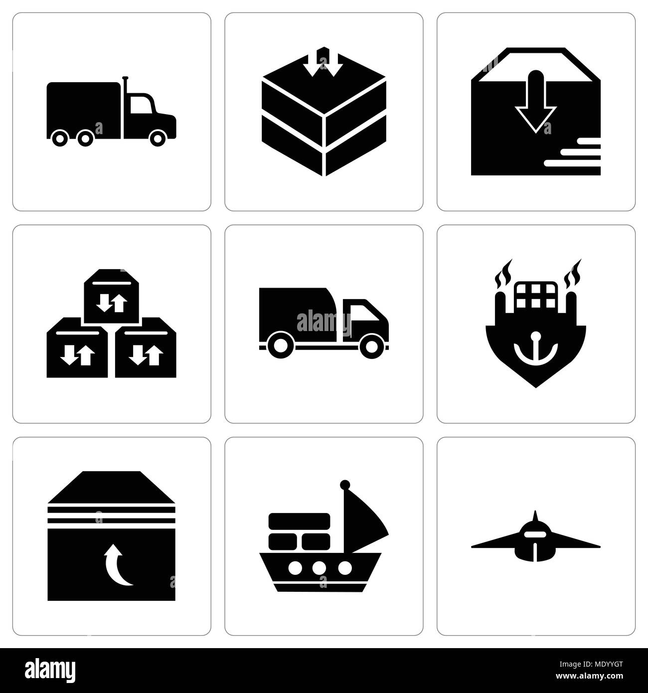 Ensemble de 9 icônes modifiable simple comme la vue frontale de l'avion, navire de mer avec des conteneurs, fort de l'emballage pour la livraison, le transport maritime, la livraison tr Illustration de Vecteur