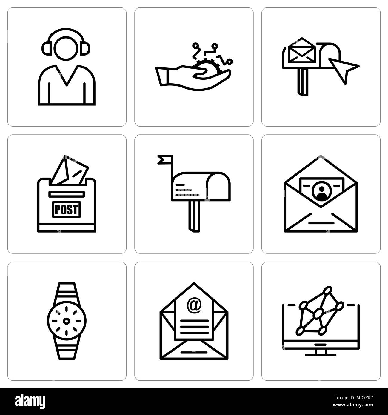 Ensemble de 9 icônes modifiable simple comme l'hologramme, e-mail, Smartwatch, ID et mail, Mail, Post Box, boîte d'email, Développement, support, peuvent être utilisées pour mobi Illustration de Vecteur
