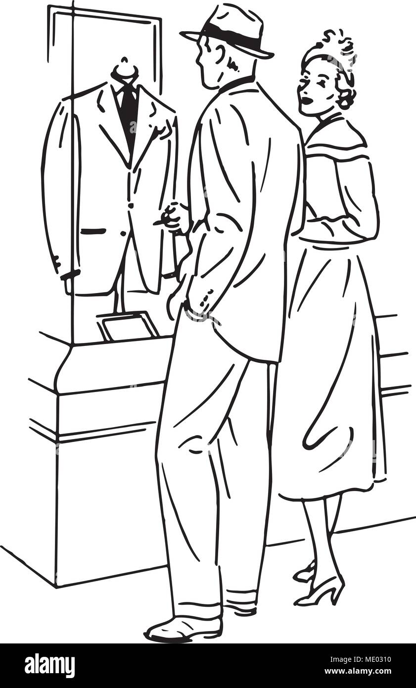 Couple Shopping pour un costume - Retro Clipart Illustration Illustration de Vecteur