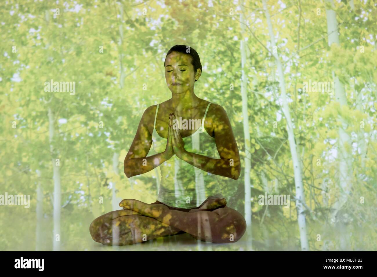 Woman doing yoga avec projection de l'arbre. Banque D'Images