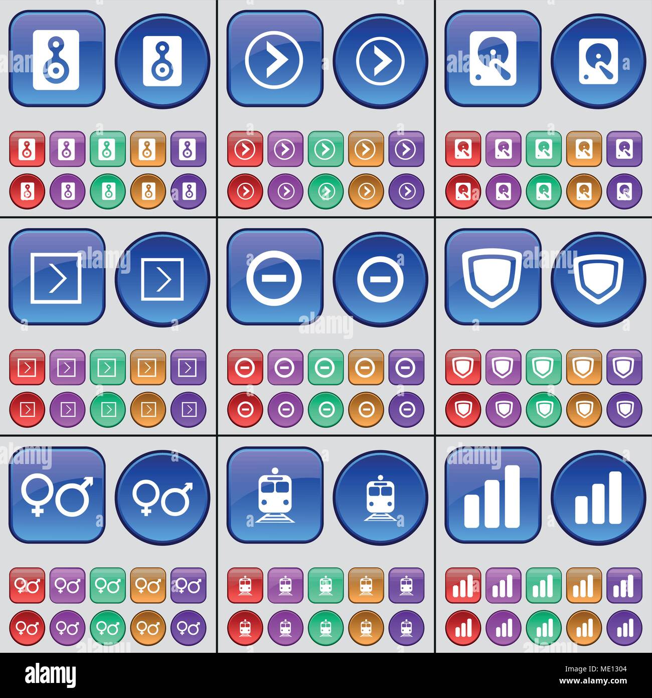 Le président, Flèche vers la droite, le disque dur, la flèche vers la droite, moins, d'un insigne, le sexe symbole, train, diagramme. Un grand ensemble de boutons multicolores. Vector illustration Illustration de Vecteur