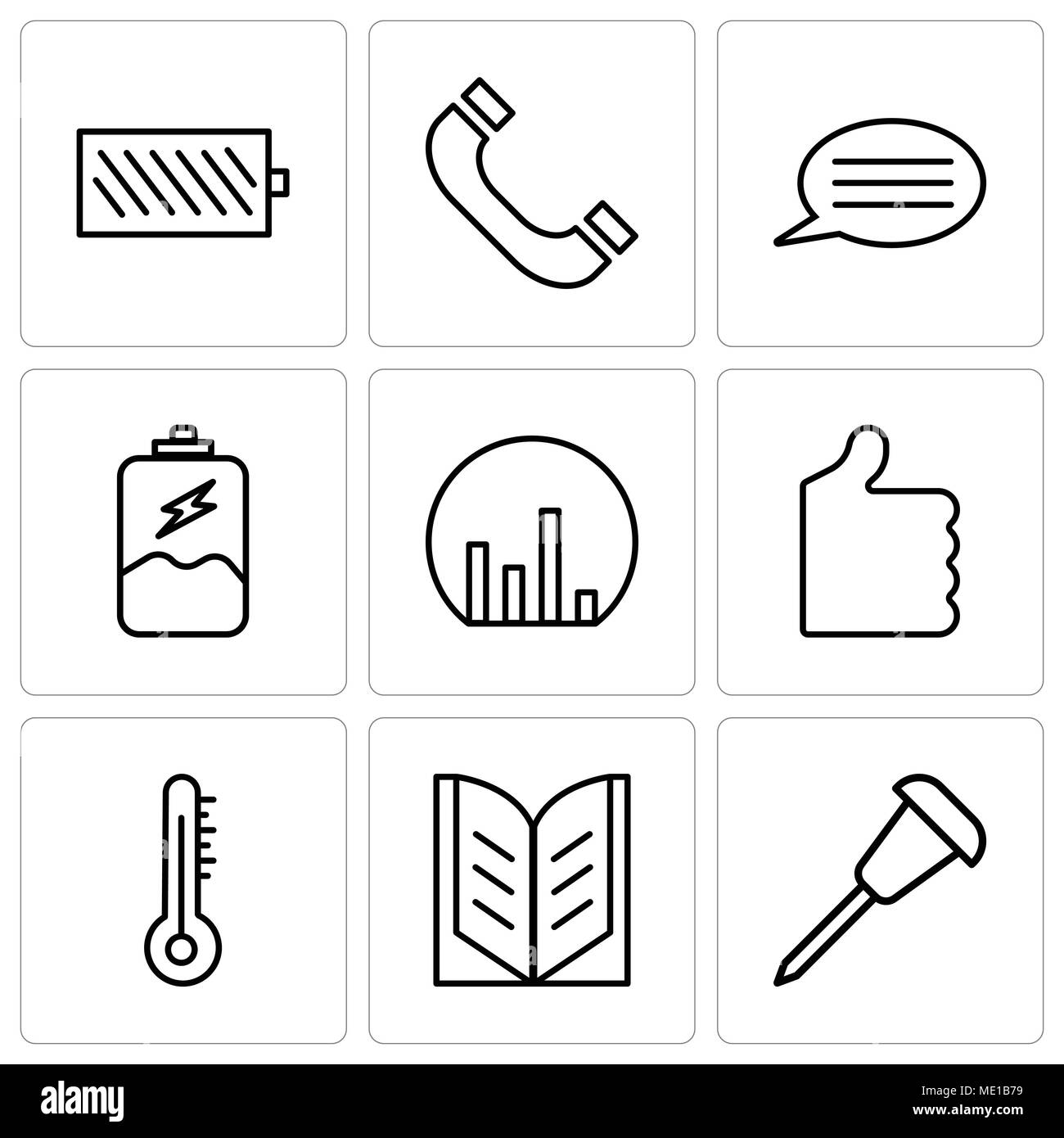Ensemble de 9 icônes modifiable simple comme l'épingle, à livre ouvert, thermomètre à mercure, pouce vers le haut, d'un diagramme, la charge de la batterie, voix, texte Headph avec bulle Illustration de Vecteur Ensemble de 9 icônes modifiable simple comme l'épingle, à livre ouvert, thermomètre à mercure, pouce vers le haut, d'un diagramme, la charge de la batterie, voix, texte Headph avec bulle Illustration de Vecteur