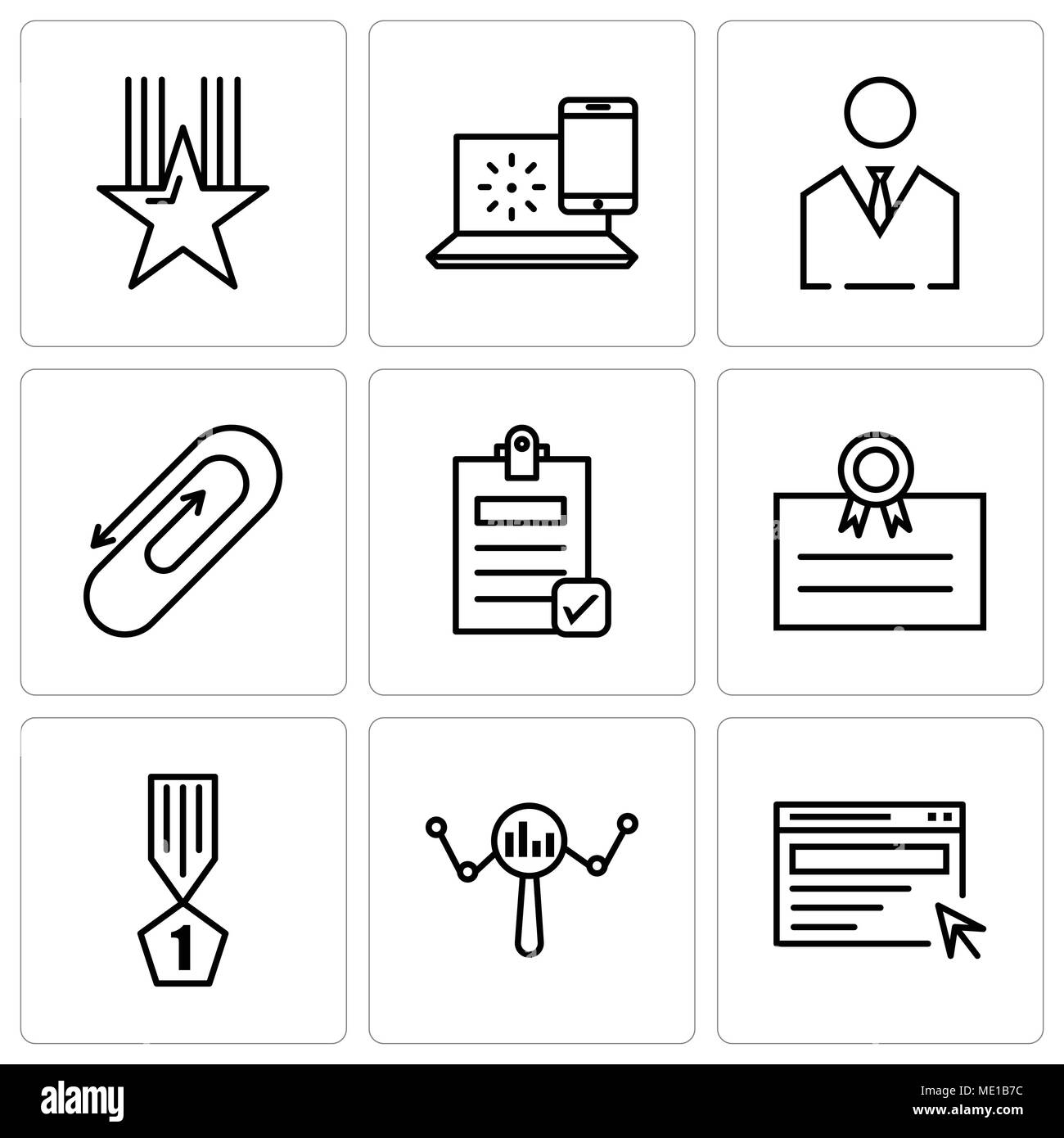 Ensemble de 9 icônes modifiable simple comme la recherche, vous pouvez, lauréat, carte postale, vérifier le document, clip, homme d'affaires, internet, star, peut être utilisé pour le mobile, w Illustration de Vecteur