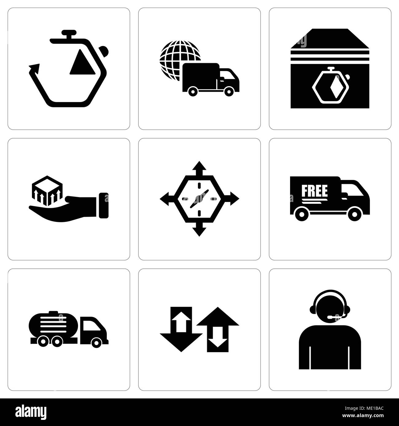 Ensemble de 9 icônes modifiable simple comme travailleur de centre d'appel avec casque, flèches de couple, camion de livraison, de camion de livraison, délai de livraison, l'emballage Illustration de Vecteur
