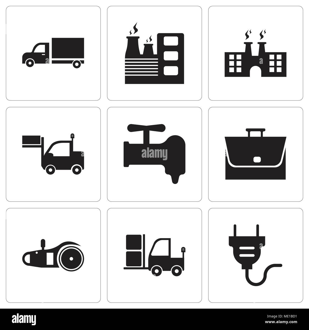 Ensemble de 9 icônes modifiable simple comme une prise électrique, chariot, scie électrique, sac, grue, camion, usine, usine, camion, peut être utilisé pour le mobile, web U Illustration de Vecteur