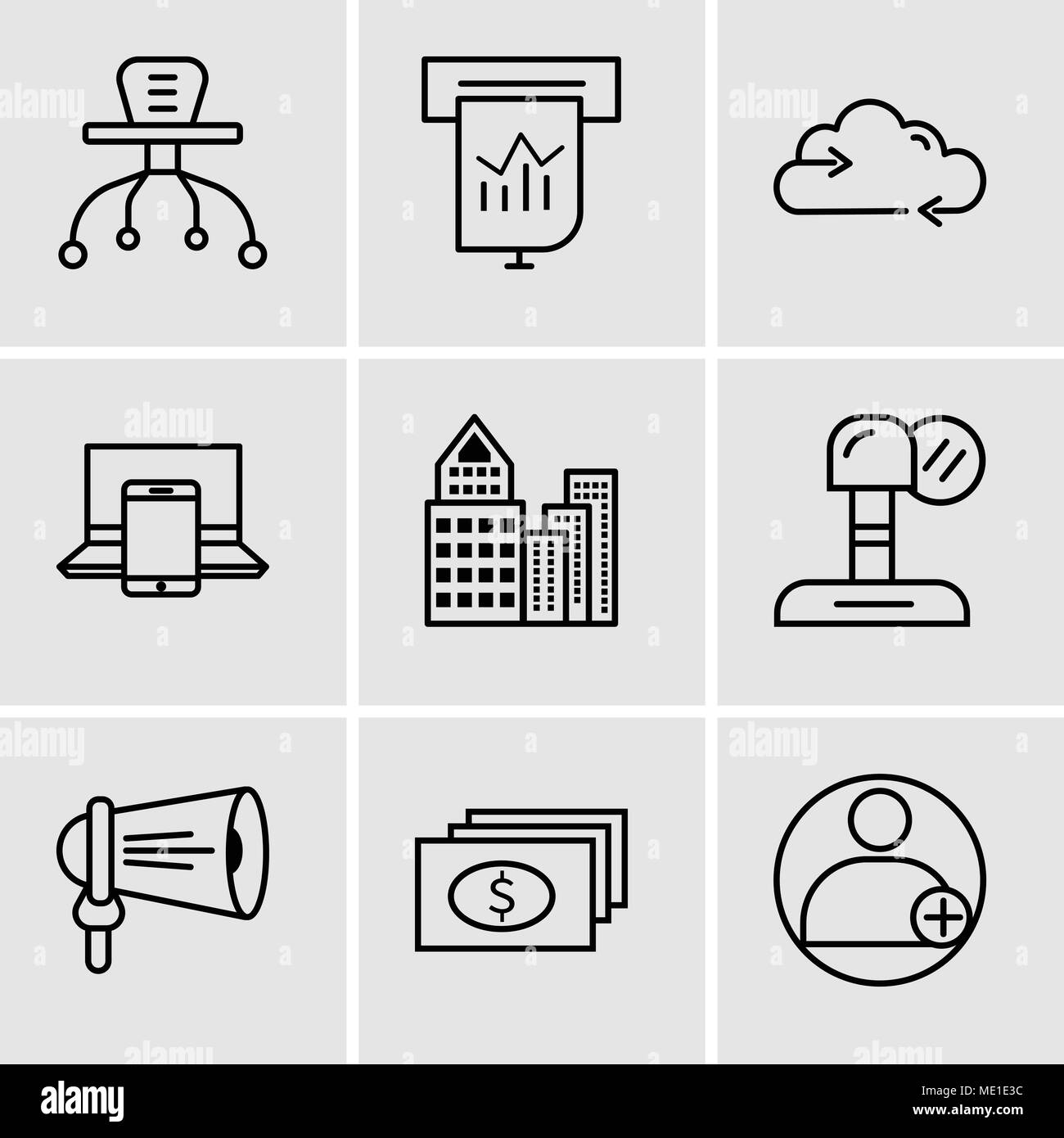 Ensemble de 9 icônes comme modifiable simple profile, dollar, haut-parleur, microphone, la construction, l'électronique, de rechargement des données, présentation, tableau, peuvent être utilisés Illustration de Vecteur