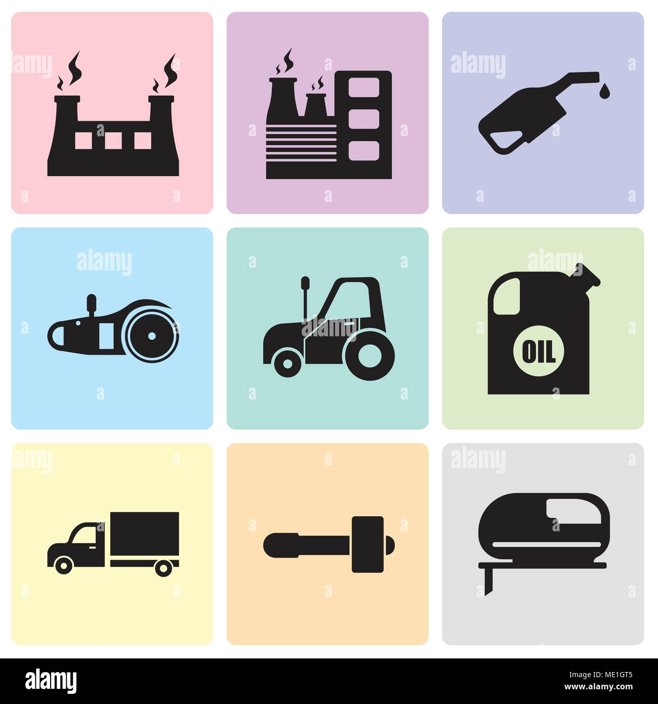 Ensemble de 9 icônes modifiable simple comme grinder, marteau, camion, conteneur d'huile, autotruck, scie électrique, pompe, factory, tissu et de vapeur, peut être utilisé pour Illustration de Vecteur