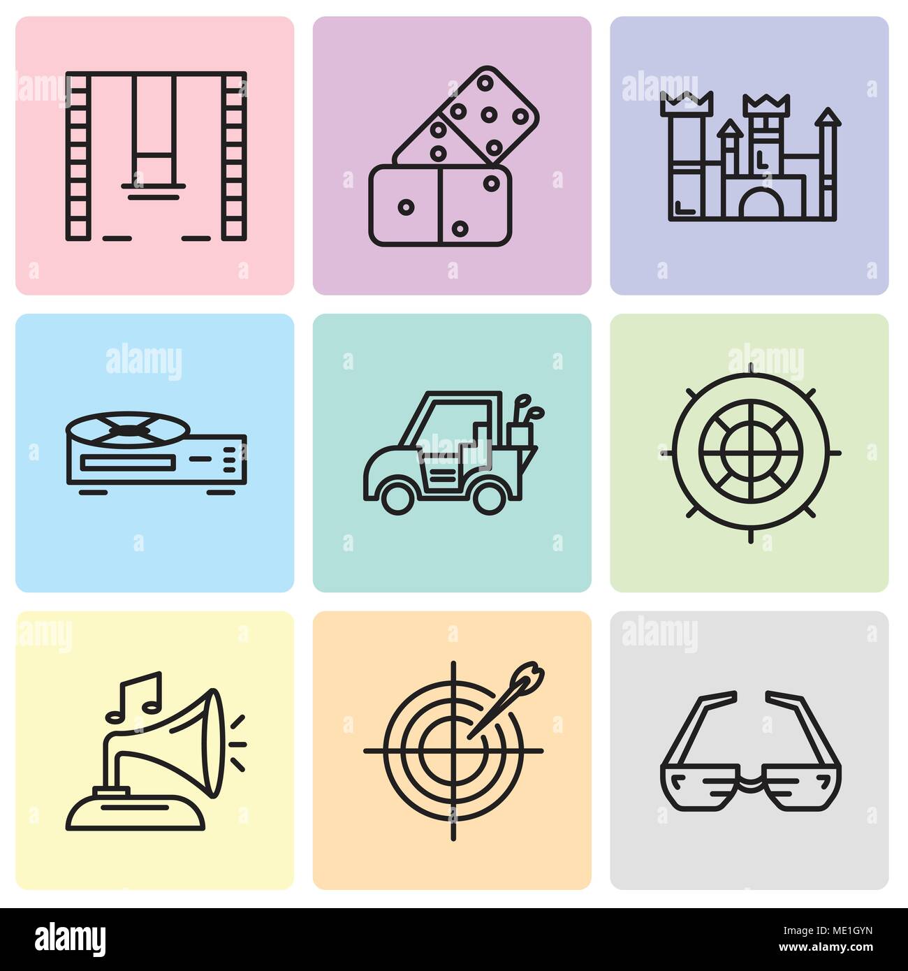 Ensemble de 9 icônes modifiable simple tels que les lunettes 3D, Fléchettes, Gramphone, Roulette, voiture de golf, enregistreur vidéo, château, Domino, balançoires, peut être utilisé pour mobil Illustration de Vecteur