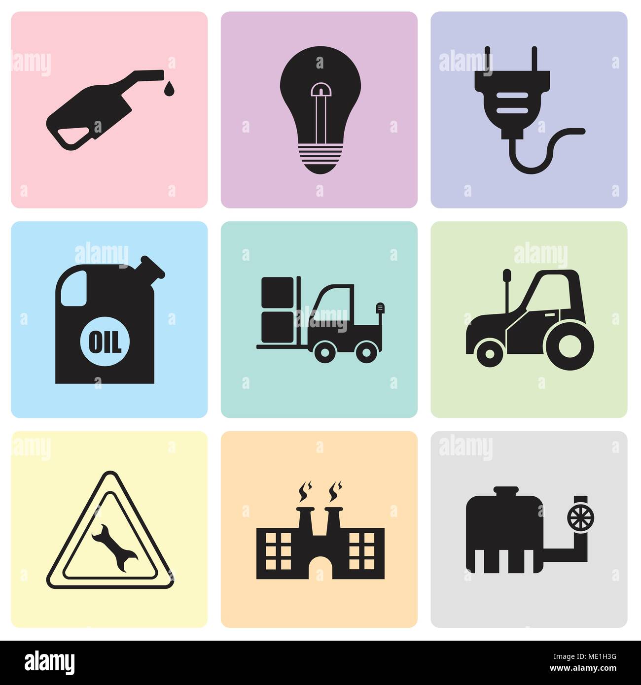 Ensemble de 9 icônes modifiable simple comme tipper, usine, clé, autotruck, camion, conteneur d'huile, prise électrique, ampoule électrique, pompe, peut être utilisé pour le mobile, Illustration de Vecteur