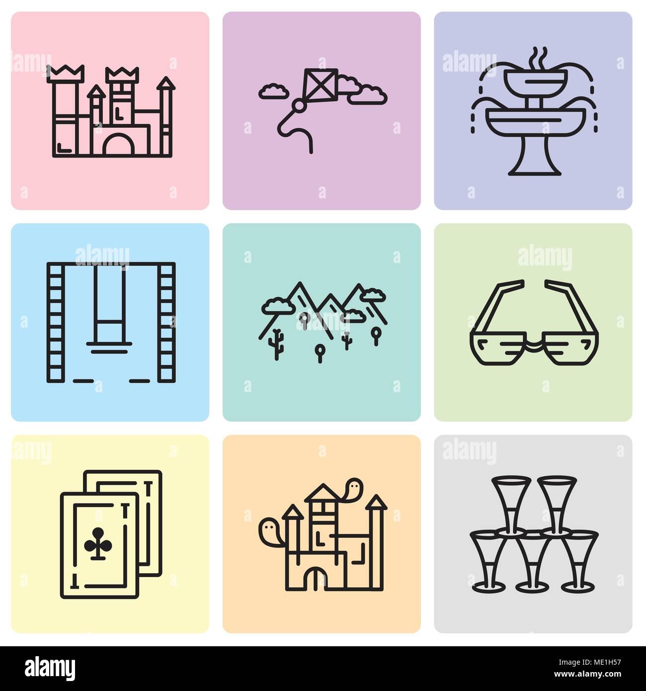 Ensemble de 9 icônes modifiable simple comme les verres, chambre, cartes, lunettes 3D, Montagnes, balançoires, fontaine, Kite, château, peut être utilisé pour le mobile, l'interface utilisateur web Illustration de Vecteur