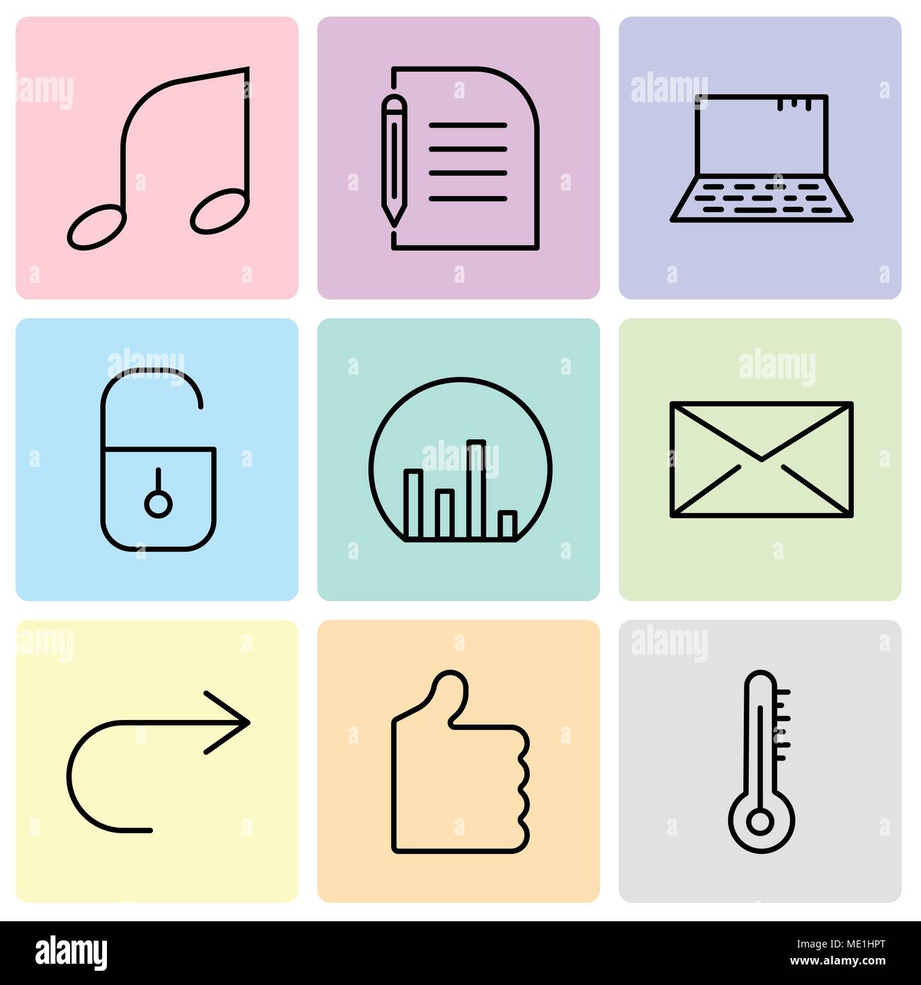 Ensemble de 9 icônes modifiable simple comme thermomètre à mercure, pouce vers le haut, flèche pointant à droite, l'enveloppe fermée, d'un diagramme, cadenas fermé, ordinateur portable, Pie Illustration de Vecteur