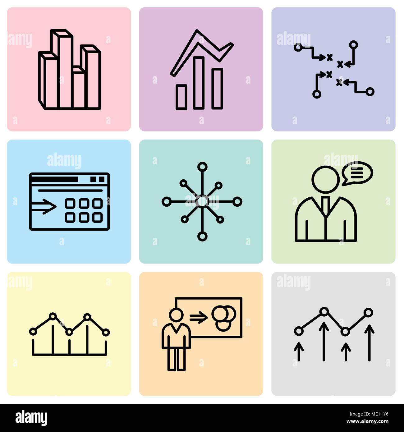 Ensemble de 9 icônes modifiable simple comme réduire graphique, personne expliquant les données, l'augmentation de bars, des données utilisateur, l'analyse de données d'exportation de données, roue Illustration de Vecteur