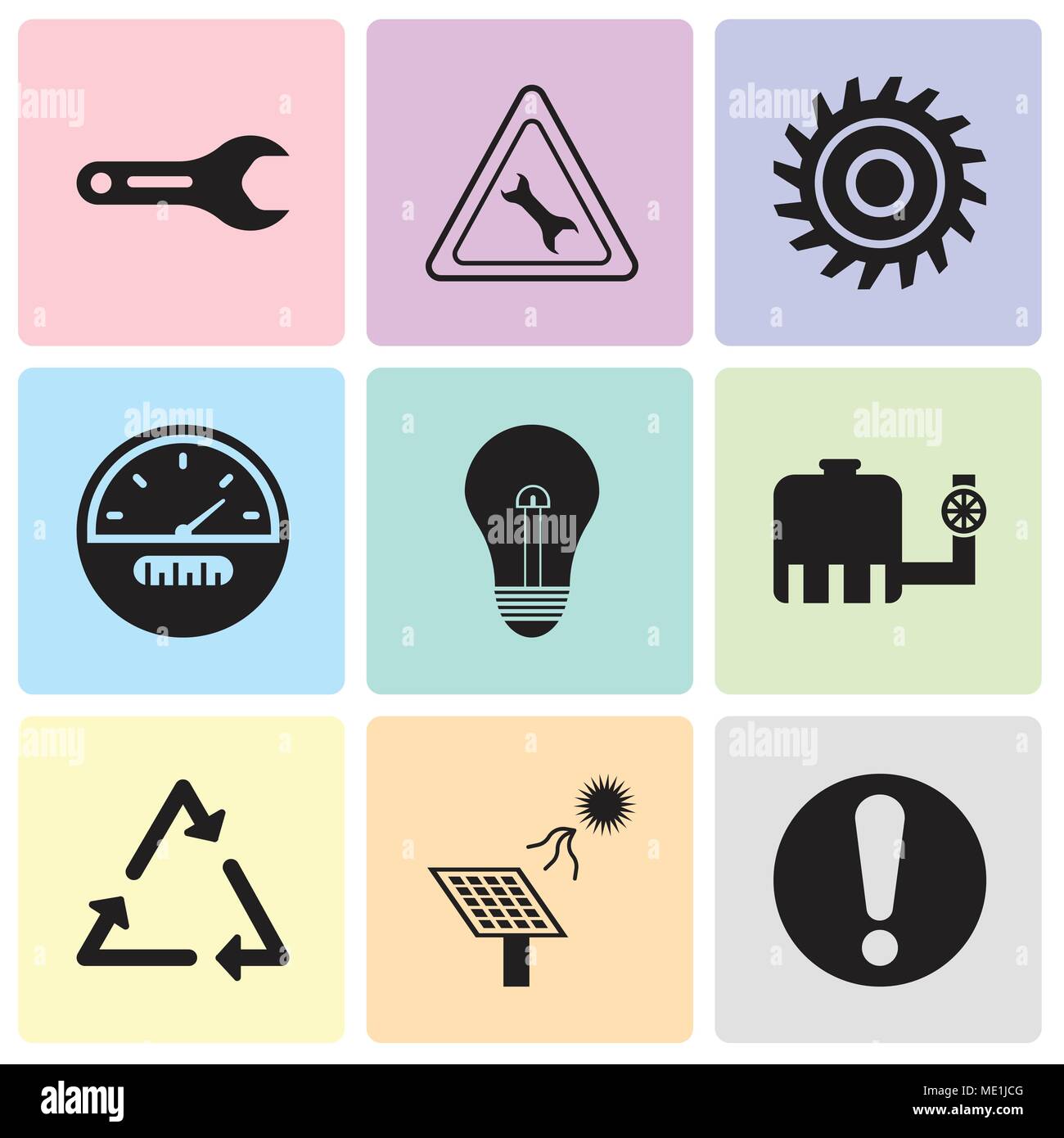 Ensemble de 9 icônes modifiable simple comme exclamation, batterie solaire, triangle, Tipper, ampoule, indicateur de vitesse, lame de scie, clé dynamométrique, clé à tube, peut être utilisé fo Illustration de Vecteur