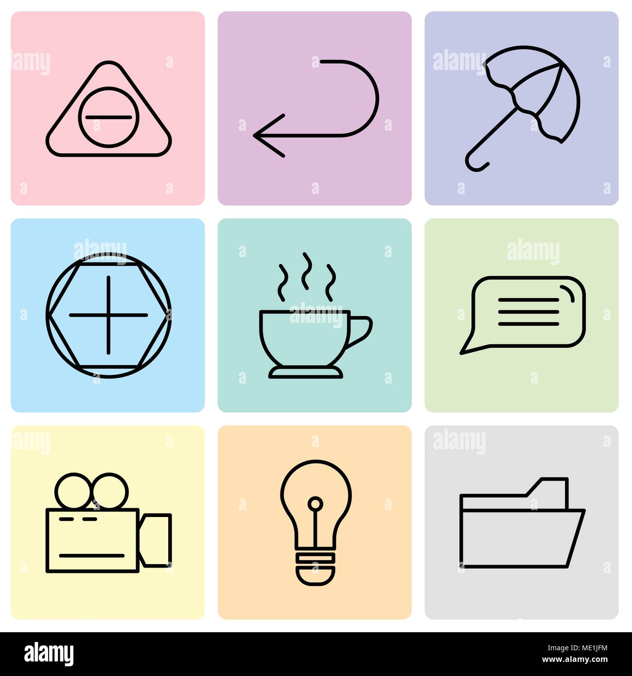 Ensemble de 9 icônes modifiable simple comme fichier dossier, ampoules, caméra vidéo, bulle, tasse de café chaud, ajouter un outil, ouvrir un parapluie, Flèche ancragedans Illustration de Vecteur