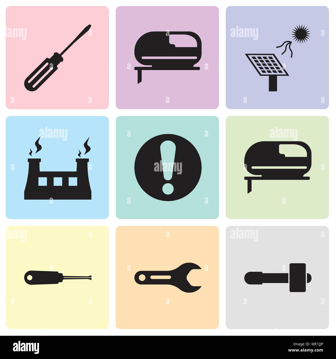 Ensemble de 9 icônes modifiable simple comme un marteau, une clé à pipe, tournez-vis, rectifieuse, tissu, d'exclamation et de vapeur, batterie solaire, Jigsaw, tournevis, peut Illustration de Vecteur