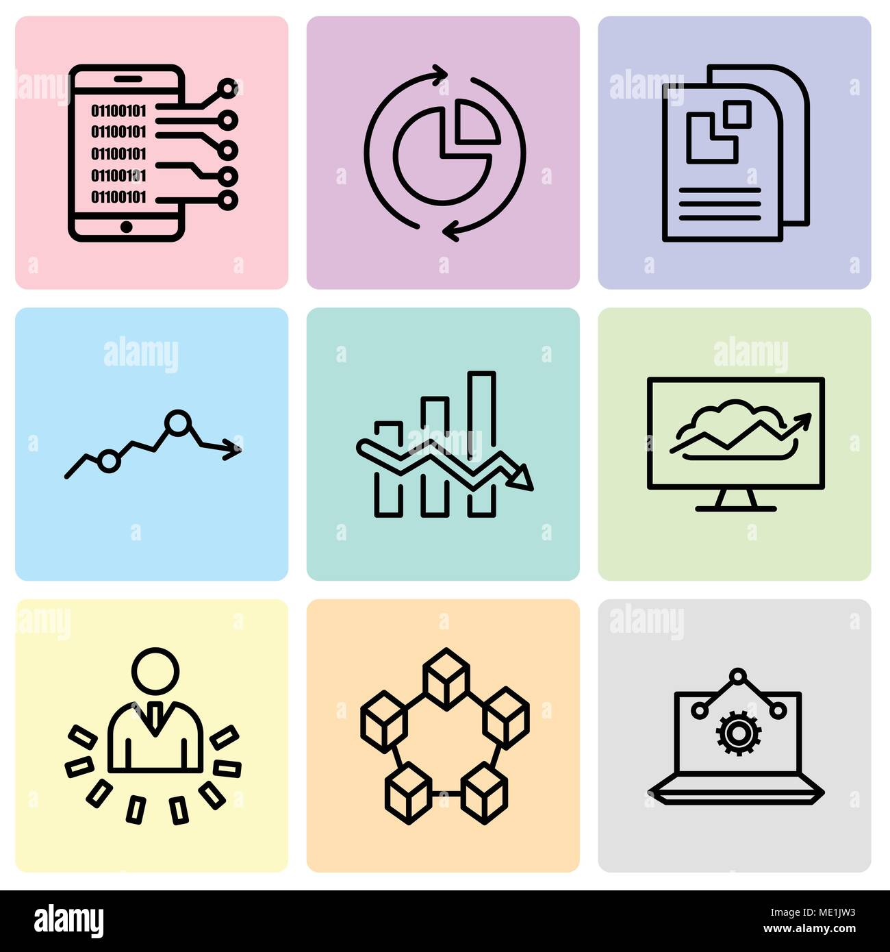 Ensemble de 9 icônes modifiable simple comme analyse, les données d'analyse de données de l'utilisateur, interconnectés, Cloud L'analyse, l'analyse de données manquantes, descendant d Illustration de Vecteur