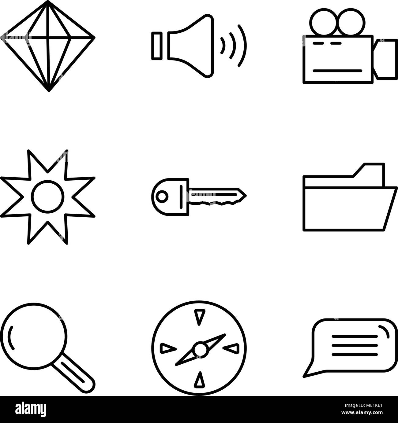 Ensemble de 9 icônes modifiable simple comme bulle, boussole, loupe, dossier, fichier, clé Star, caméra vidéo, couper le son des haut-parleurs, Diamond, peut être Illustration de Vecteur