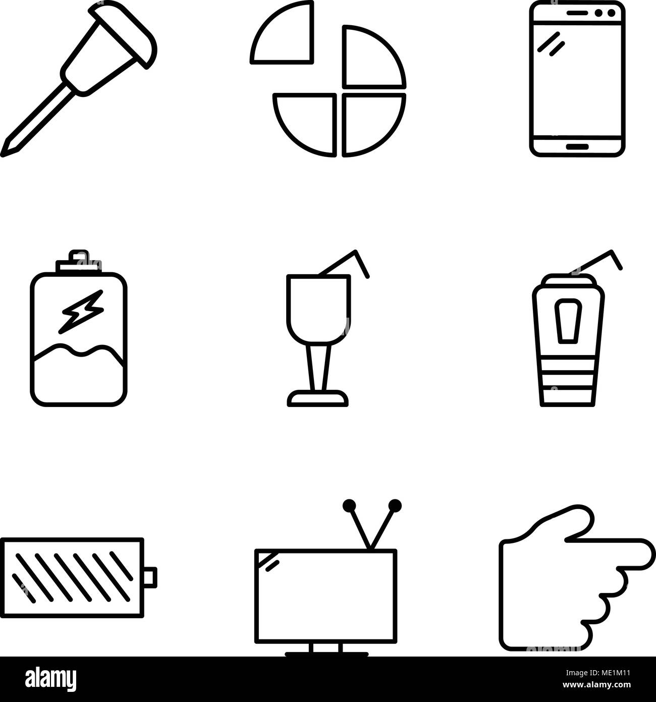 Ensemble de 9 icônes modifiable simple comme main pointant à droite, la télévision avec antenne, le niveau de la batterie, la tasse de papier avec une paille à boire, verre à cocktail Illustration de Vecteur