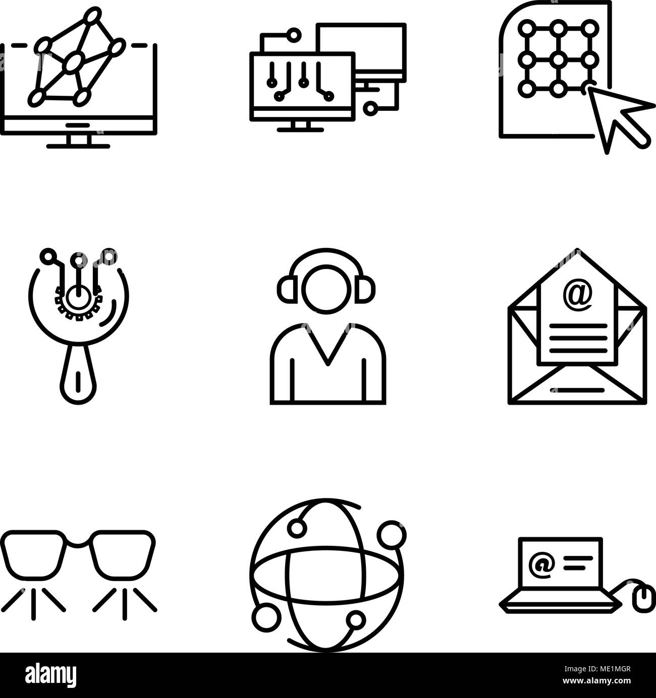 Ensemble de 9 icônes modifiable simple comme Mail dans un coffre, de la Terre, globe lunettes Ar, E-mail, de soutien, d'accès, cliquez sur, réseau, Hologramme, peut être utilisé pour mobi Illustration de Vecteur
