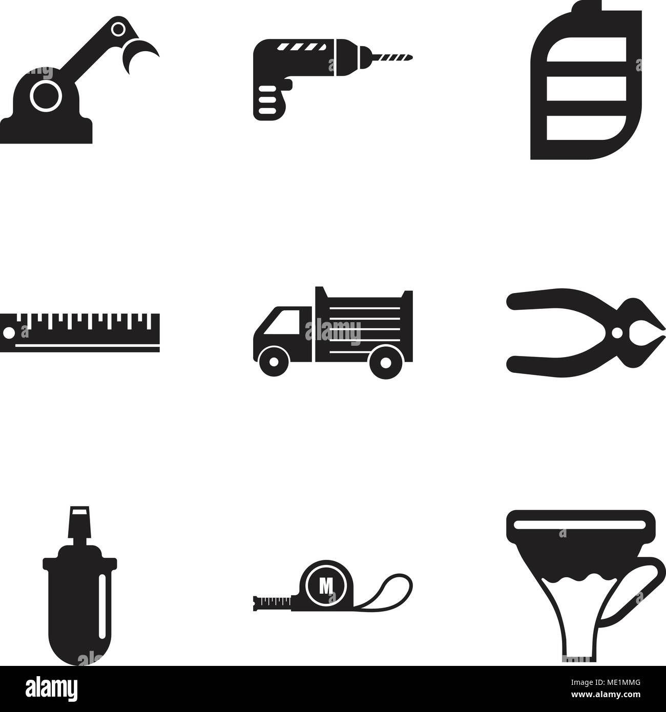 Ensemble de 9 icônes modifiable simple comme l'entonnoir, mètre, le gaz peut, nipper, camion, règle, batterie, percer, Jenny, peut être utilisé pour le mobile, l'interface utilisateur web Illustration de Vecteur