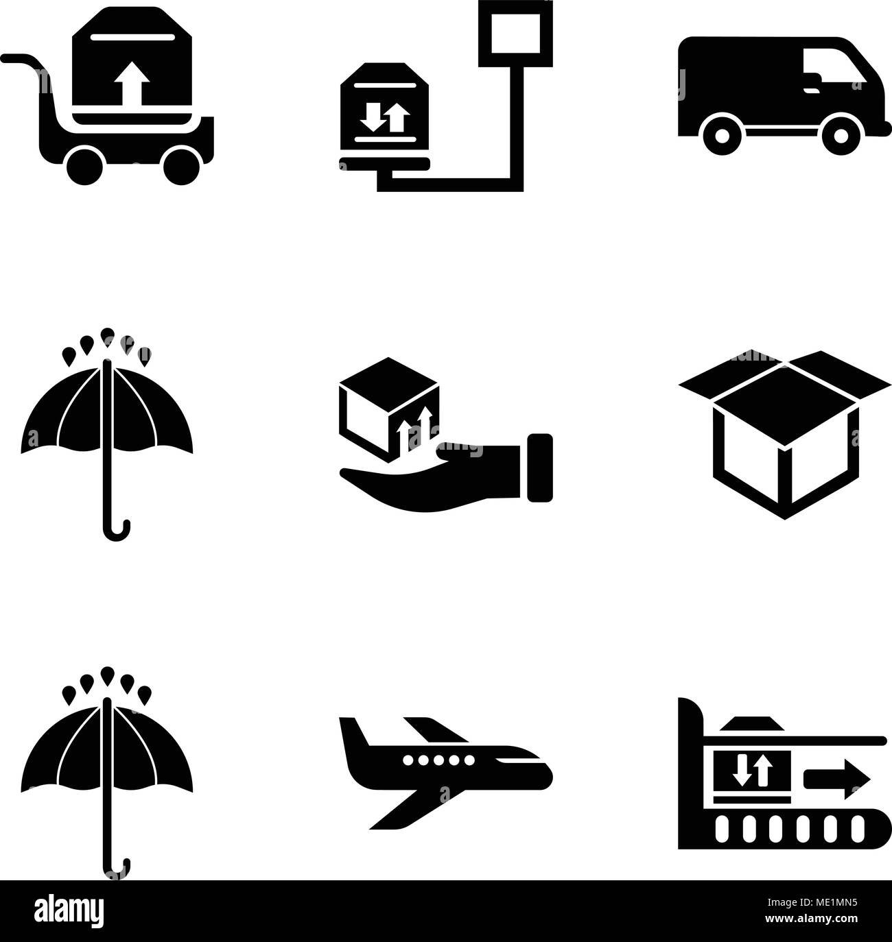 Ensemble de 9 icônes modifiable simple comme le paquet sur les transports, les transports aériens, 24 heures, à la livraison, a ouvert la boîte de livraison sur une main, NOIR o Illustration de Vecteur