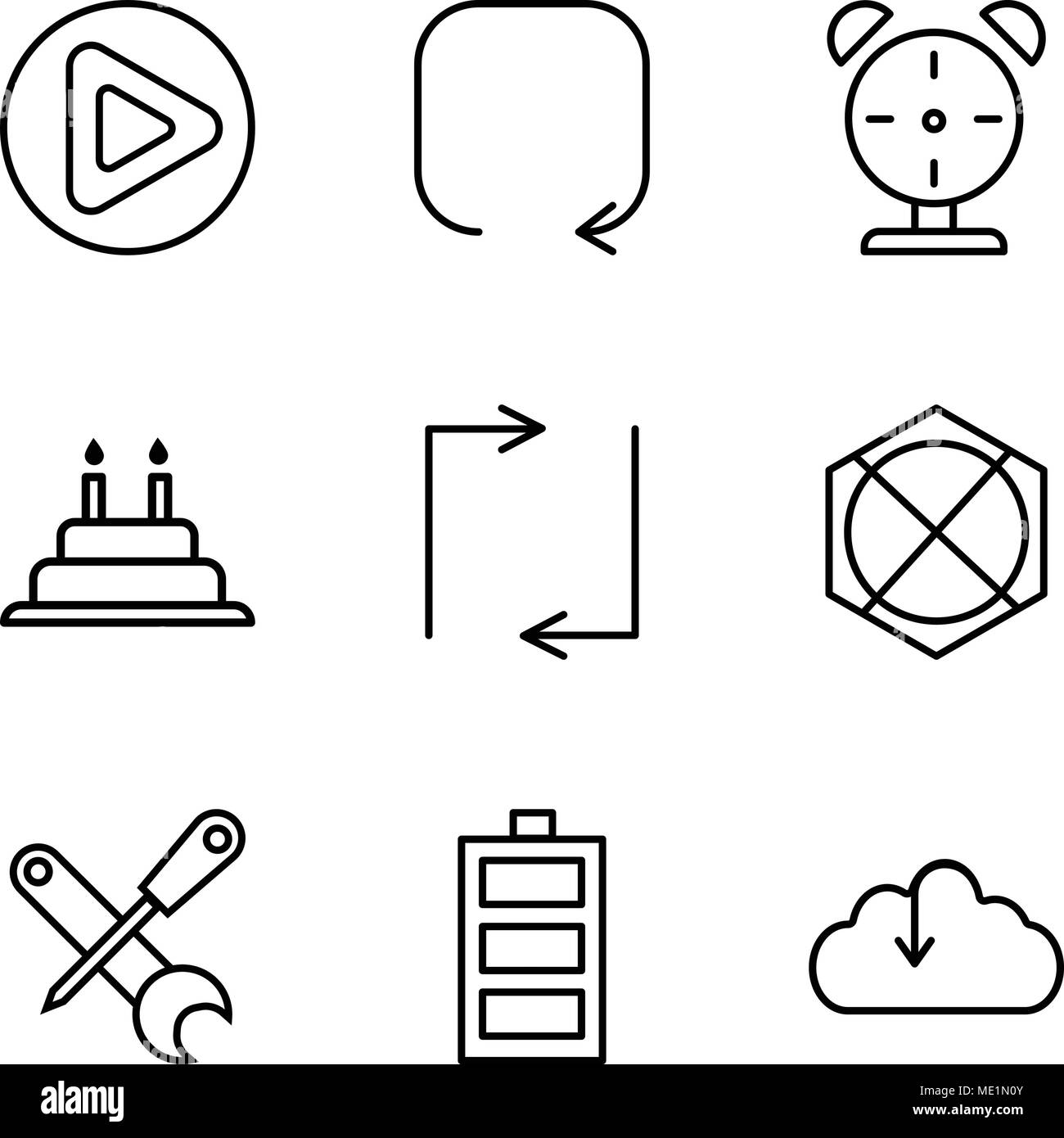 Ensemble de 9 icônes modifiable simple comme le téléchargement sur le cloud, le niveau de la batterie, tournevis et clé, flèche dirigée vers le haut, Mise à jour des flèches, gâteau avec Illustration de Vecteur