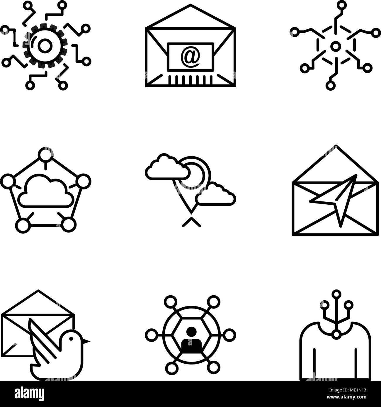 Ensemble de 9 icônes modifiable simple tels que les droits de l'utilisateur, d'oiseaux, mail, courrier, encadré, cloud computing, Analytics, Mail, Paramètres, peut être utilisé pour le mobile, Illustration de Vecteur