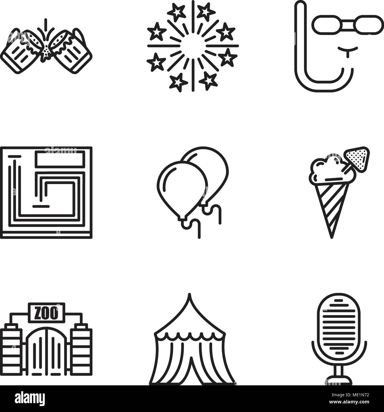Ensemble de 9 icônes modifiable simple comme Microphone, tente, Zoo, la crème glacée, des ballons, jeu de société, masque de plongée, d'artifice, de la bière, peut être utilisé pour le mobile, w Illustration de Vecteur