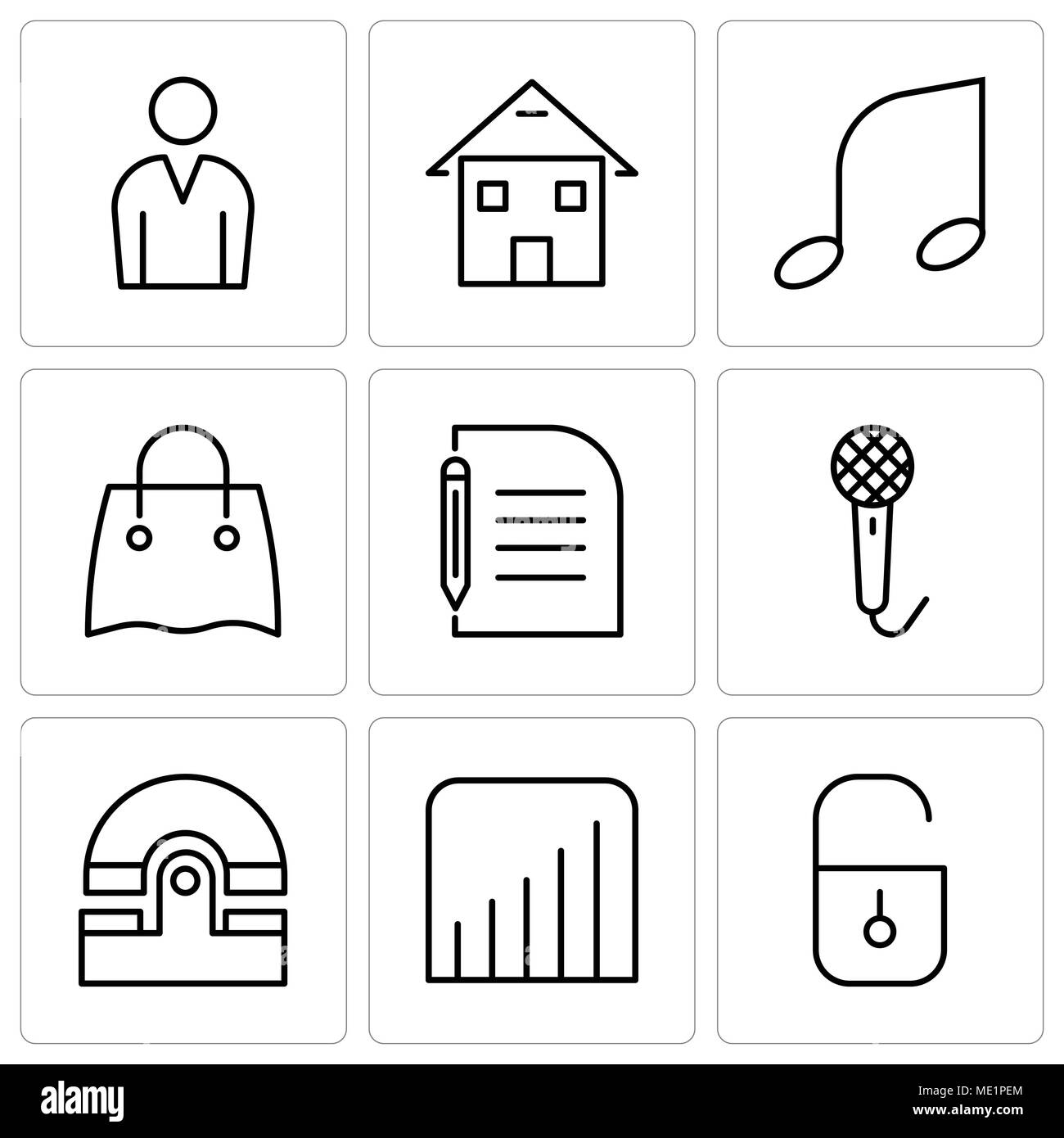 Ensemble de 9 icônes modifiable simple comme le cadenas fermé, le niveau de garantie, l'ancien téléphone, un enregistreur vocal, un bout de papier et crayon, sac réutilisable, Mu Illustration de Vecteur