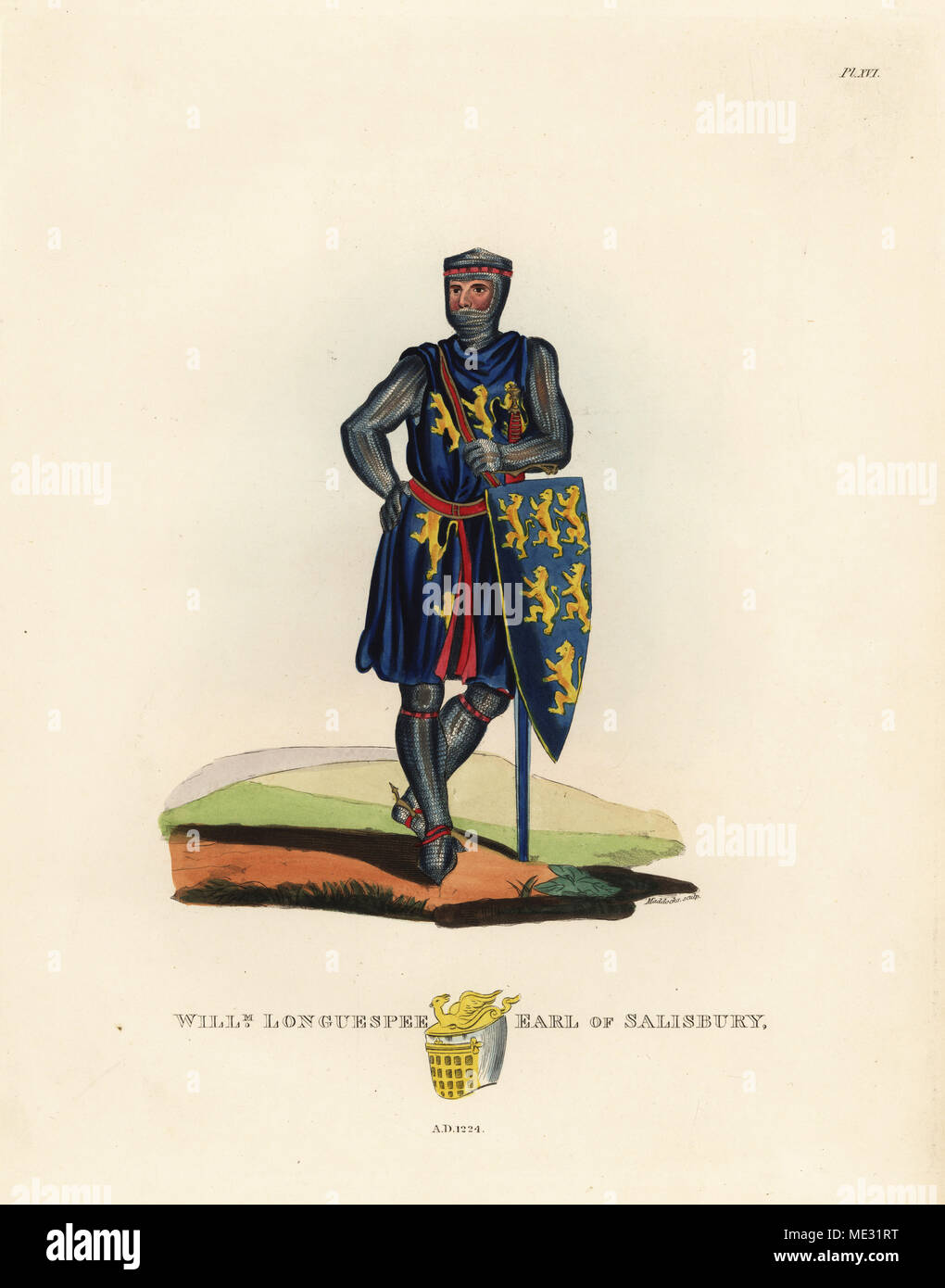 William Longuespee, épée longue, troisième comte de Salisbury, 1176-1224. En cotte de capot qui couvre la bouche, haubert, chausses, éperons. Il porte une tunique et armoiries armoiries des lions sur six rampante son bouclier. Lithographie coloriée par Maddocks après une illustration par S.R. Sir Samuel de Meyrick Meyrick Rush d'un enquête sur Antient Armor, John Dowding, Londres, 1842. Banque D'Images