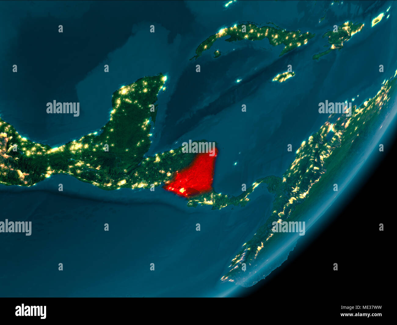 Vue nocturne du Nicaragua a souligné en rouge sur la planète terre avec l'atmosphère. 3D illustration. Éléments de cette image fournie par la NASA. Banque D'Images