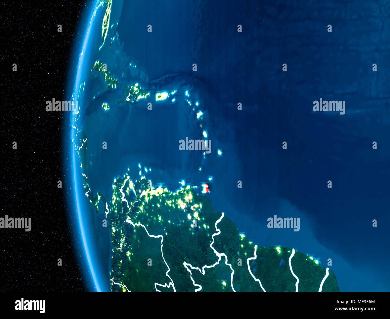 Compte tenu de l'orbite de l'Espace Caraïbes surligné en rouge sur la planète Terre la nuit avec d'autre des frontières visibles et les lumières de la ville. 3D illustration. Éléments de t Banque D'Images