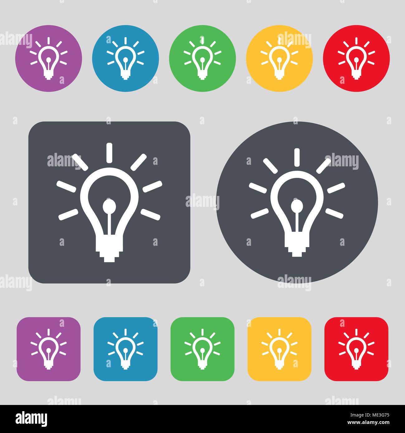 L'icône lampe signe. Un ensemble de 12 boutons de couleur. Modèle plat ...