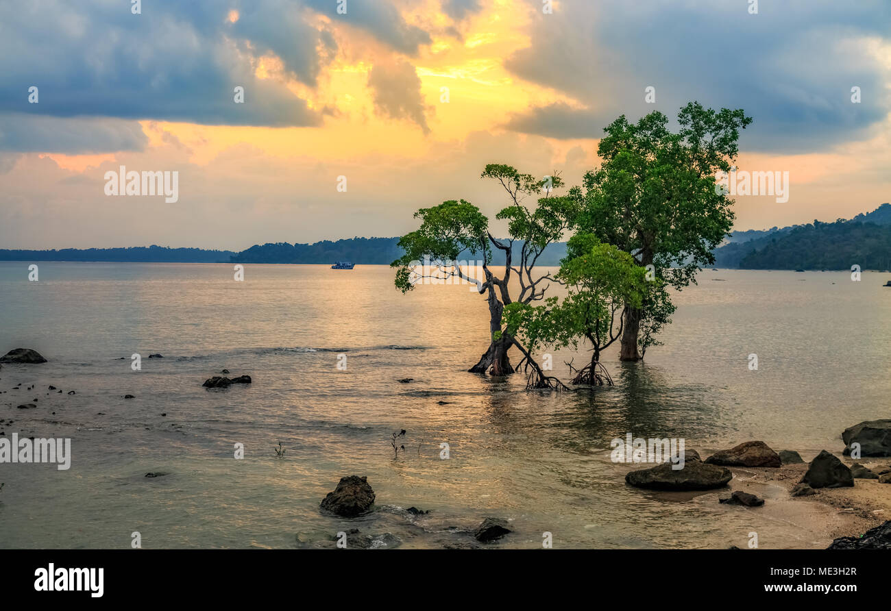 Chidiya Tapu beach sunset avec moody sky et de l'eau reflet, Port Blair, Andaman en Inde. Banque D'Images