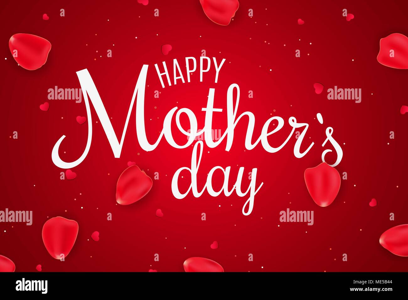 Heureuse Fête des Mères. Des pétales de rose et de bonbons coeurs. La lumière scintille. Fleurs pour maman. J'aime maman. Carte d'invitation de vœux. Bannière romantique. Red backgrou Illustration de Vecteur