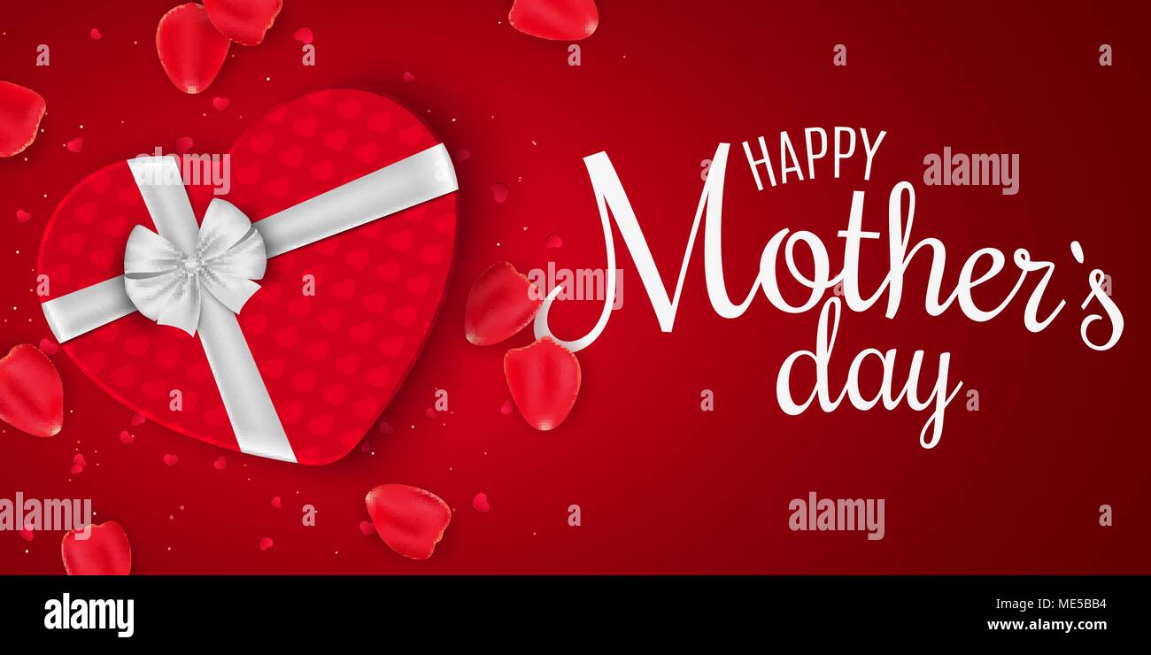 Carte de souhaits pour la Fête des Mères. Boîte cadeau rouge du cœur de l'arc. Fond rouge. Des pétales de rose et de confettis. J'aime maman. De la calligraphie et de lettrage. Vect Illustration de Vecteur